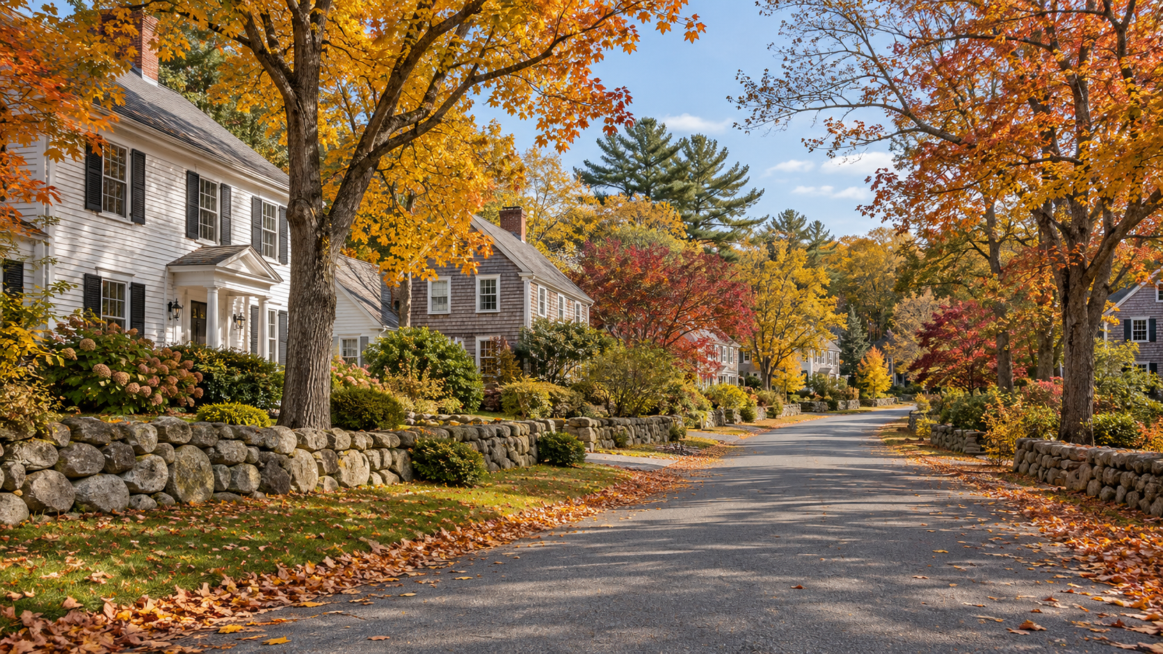 An illustrative New England residential streetscape in autumn